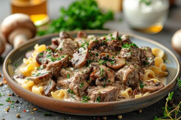 A plate of beef stroganoff with tender beef strips in a creamy mushroom sauce, served over a bed of egg noodles.