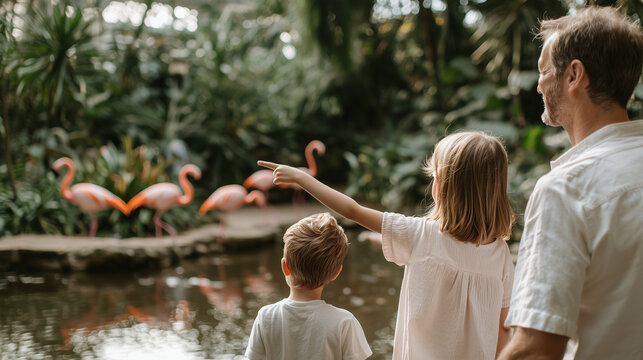 Child Pointing at Flamingos in Pond with Parents Reading Sign