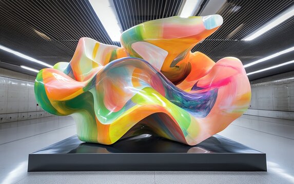 Abstract colorful sculpture on black pedestal in modern setting.