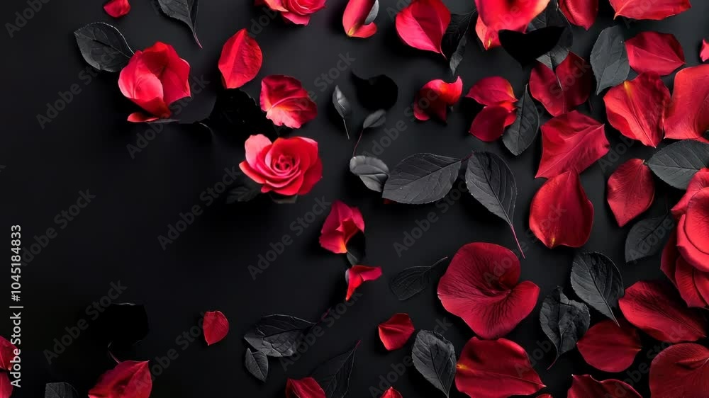 Poster black background with red flowers scattered around it. the flowers are black and red, and they are a