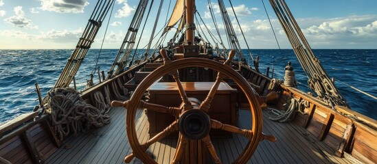 Wooden ship wheel, deck, ropes, and blue ocean.