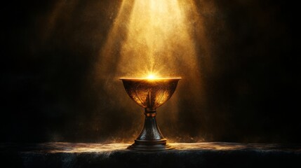 the holy grail, sunbeams on the grail, dark background, copy and text space, 16:9