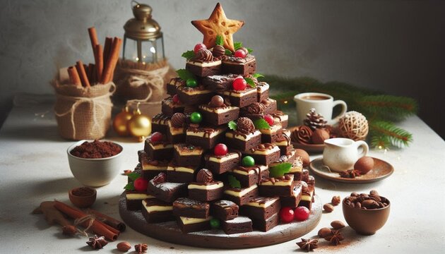 Christmas tree made of stacked brownies. New year