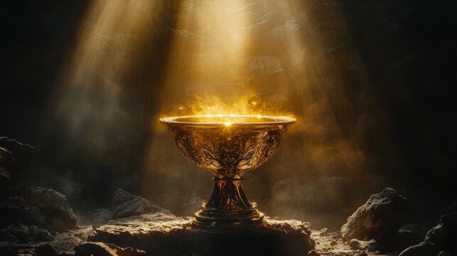 the holy grail, sunbeams on the grail, dark background, copy and text space, 16:9
