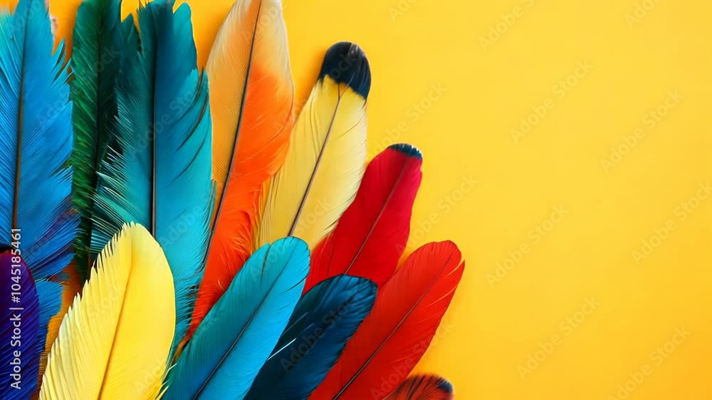 Poster colorful array of feathers on a yellow background. the feathers are of different colors and sizes, c