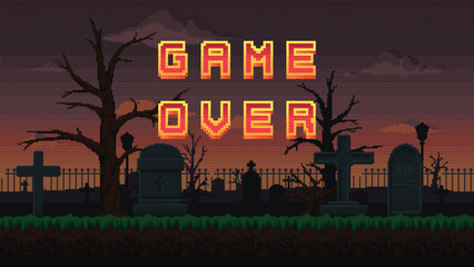 Pixel art cemetery landscape with Game Over text. Graveyard seamless background with tombstones, crosses and dry trees against cloudy sky. Vector illustration.