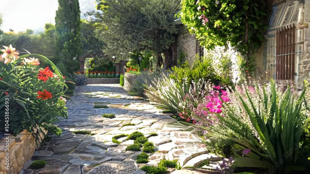 Poster stone walkway with a path of grass and bushes. the walkway is lined with flowers and bushes, creatin