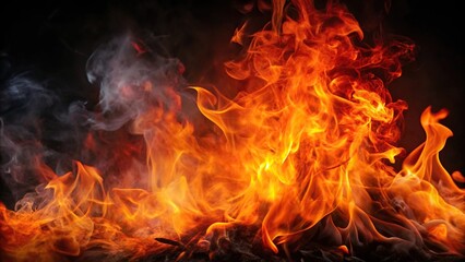 Extreme close-up of wild smokey fire with orange and red light on black background