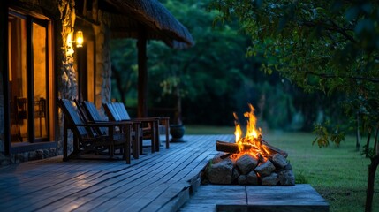 Fototapeta premium Fire flickering on a wooden veranda, with chairs arranged next to it, inviting relaxation in the garden setting.