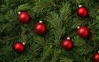 Green Pine Needles with Glittering Red Baubles: A texture of dense, fresh pine needles with sparkling red baubles nestled among the branches, capturing the warmth of Christmas lights. 