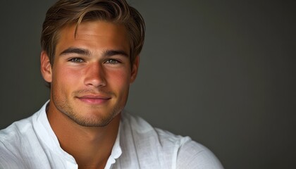 Obraz premium Handsome young man in white shirt looking confidently at the camera with a warm smile