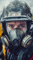 Fototapeta premium A weary but determined frontline worker wears protective gear after a tough shift