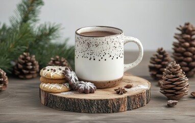 A cozy scene with a cup of hot chocolate, cookies, and Christmas decorations on a wooden table. 