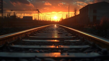 Fototapeta premium Railway tracks stretching to horizon, low angle, industrial warehouses on sides, dramatic sunset sky, golden light, lens flare, vanishing point perspective