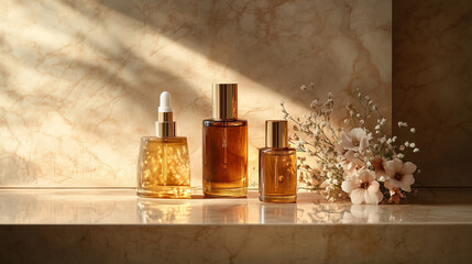 Elegant Glass Bottles of Hair Oils and Serums with Delicate Flower Decoration and Soft Natural Lighting