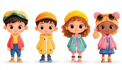 Happy cartoon children characters in colorful outfits enjoying a sunny day outdoors