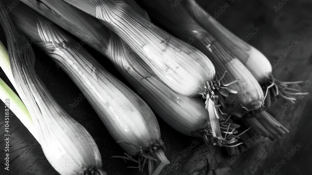 Poster close up of several onions with their roots showing. the onions are all different sizes and are arra