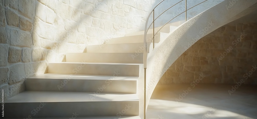 Poster sunlight streams through a window onto a modern concrete staircase with a metal railing, casting sha