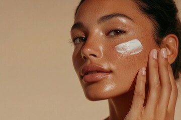 Indigenous woman applying cream face skin skincare.