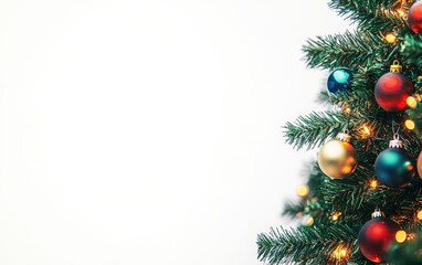 A close-up of a Christmas tree with colorful baubles and fairy lights. 