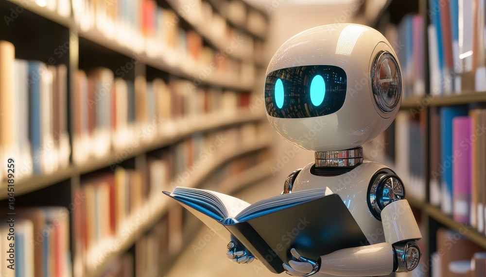 Poster a curious robot enjoys reading a book in a colorful library filled with shelves