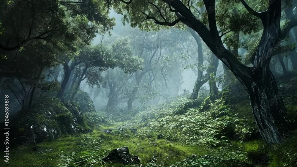 Aufkleber a misty forest path winds through the trees, dappled with sunlight filtering through the branches