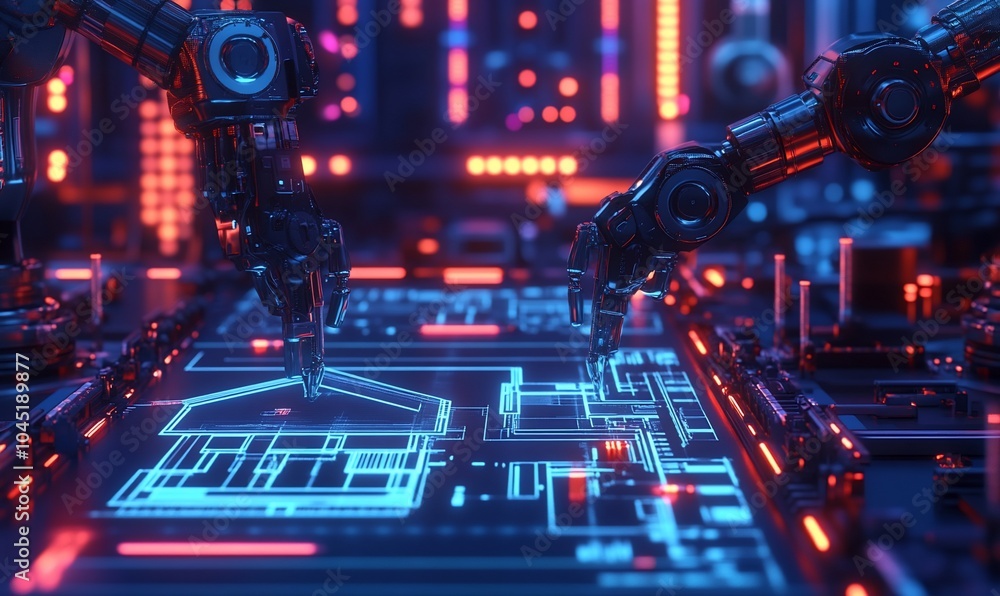 Fototapete Two robotic arms interact with a digital blueprint of a house on a circuit board, highlighting the concept of smart home technology and automation.