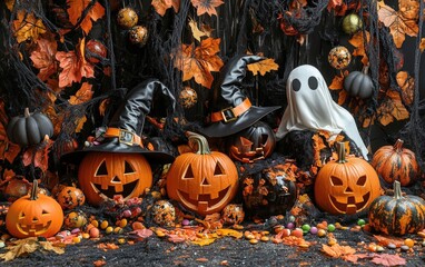 Halloween: Bright orange and black decorations, with witches' hats, ghosts, and candy scattered around the edges, leaving space in the middle for a Halloween greeting.