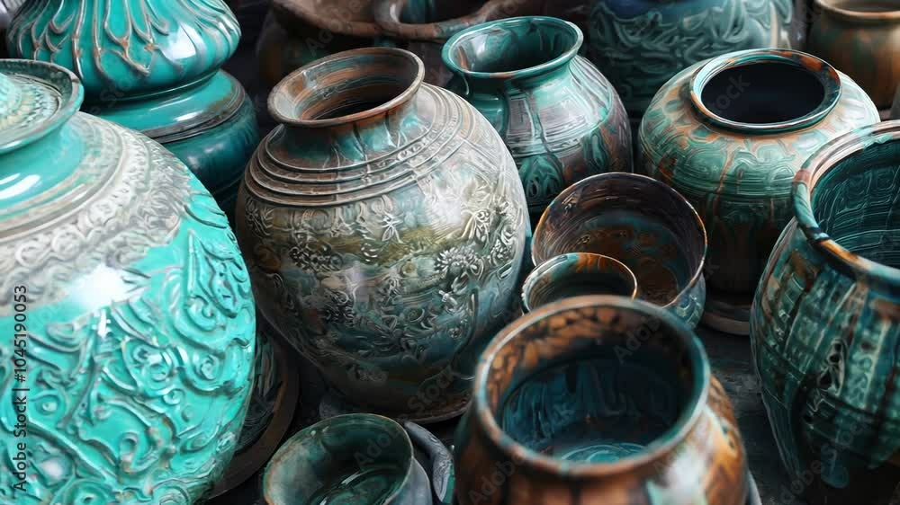 Poster collection of blue and brown vases with a variety of designs. the vases are arranged in a way that c