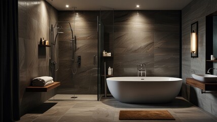 Modern bathroom interior with a bathtub, shower, and wooden accents.
