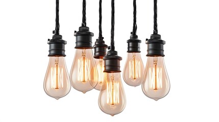 Vintage bulbs on black cords, glowing warm filaments, pure white background, minimalist style, soft shadows, studio lighting, product photography