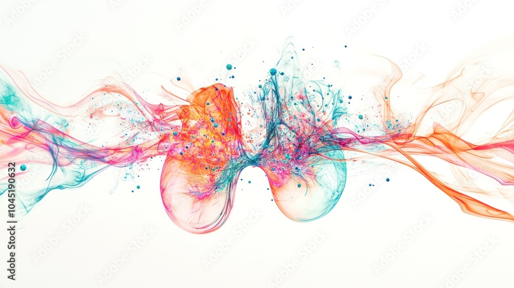 Poster captivating abstract art piece representing a quantum lung, integrating flowing lines and particles 