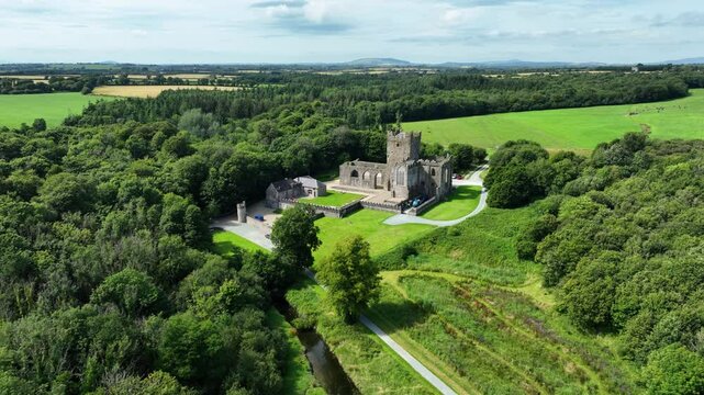 Ireland Epic Locations drone rising landscape of Tintern Abbey Saltmills Wexford Ireland
