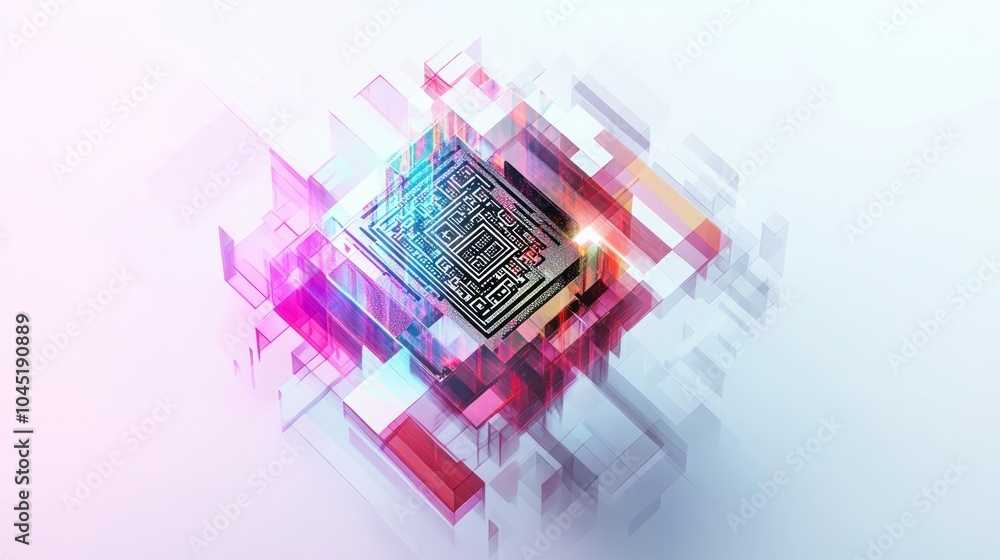 Poster captivating quantum qr code concept, featuring layered translucent shapes and vivid color gradients 