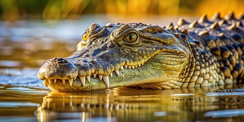 Fototapeta premium Extreme close-up shot of crocodile entering water in savannah lake