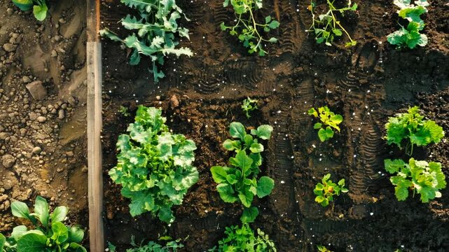 Garden with a variety of plants including broccoli, lettuce, and tomatoes. The plants are growing in a dirt field with a wooden fence in the background