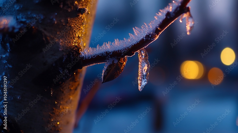 Poster a close-up of an icicle hanging from a tree branch in the winter.