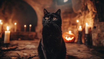 A funny black cat enjoying a Halloween-themed room with candles and jack-o'-lanterns