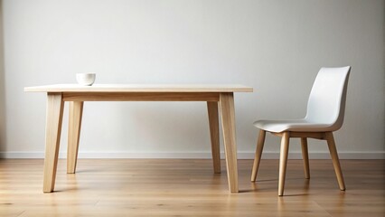 Extreme close-up shot of simple wooden table and white chair