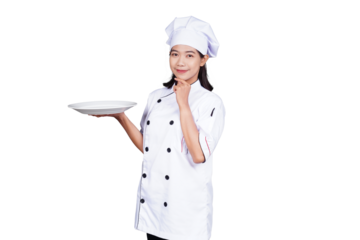 Asian woman chef in uniform serving food on a plate isolated transparent