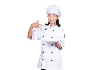 Asian woman chef in uniform serving food on a plate isolated transparent