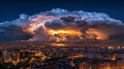 Obraz premium A dramatic thunderstorm rages over a cityscape at night, with lightning illuminating the sky.