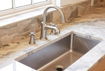 Natural Stone A natural stone countertop with a matching faucet