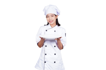 Asian woman chef in uniform serving food on a plate isolated transparent