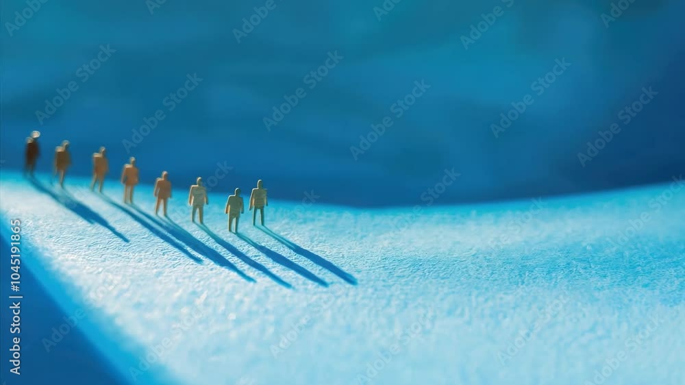 Aufkleber group of people are walking in a line on a blue surface. concept of unity and teamwork, as the peopl