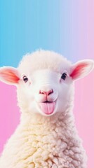 Fototapeta premium Cute Fluffy Baby Sheep Sticking Out Tongue on Minimalist Background - Playful Animal Illustration with Clean Design