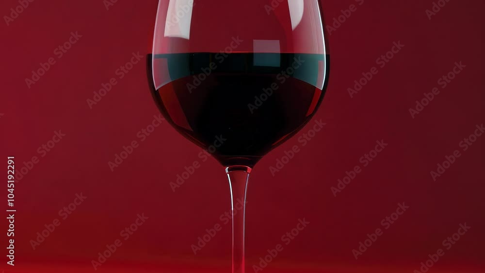 Poster wine glass is filled with red wine on a red background. the wine glass is almost empty, with only a 