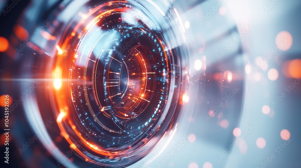 Poster close-up view of a quantum x-ray sensor, surrounded by abstract digital patterns and light effects,