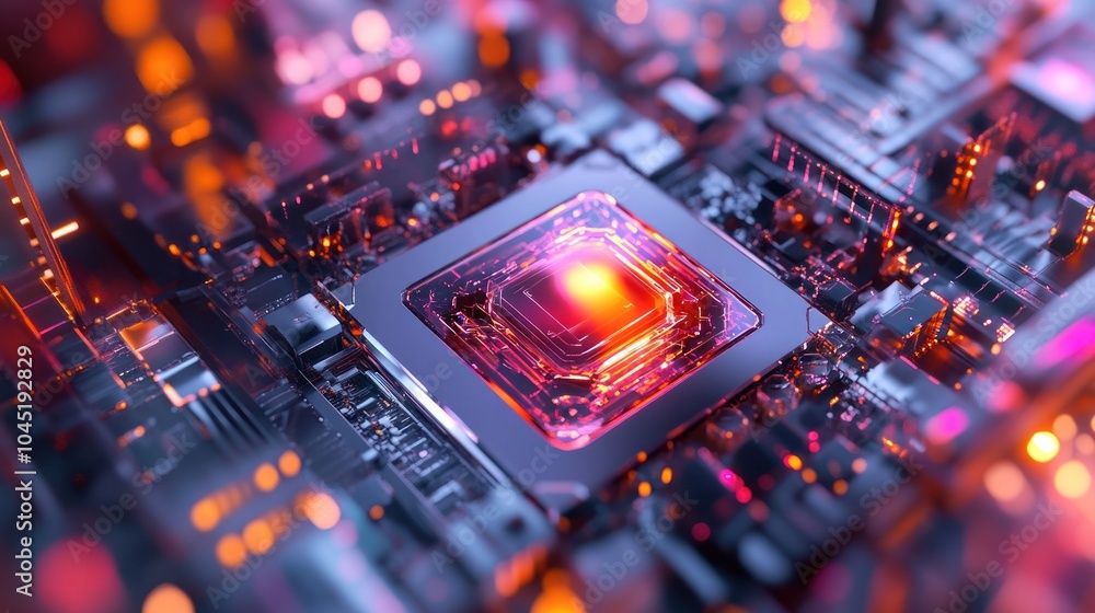 Poster close-up view of a quantum x-ray sensor, surrounded by abstract digital patterns and light effects,