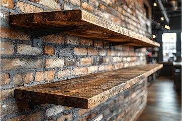 Obraz premium Rustic wooden shelves against exposed brick wall in industrial setting
